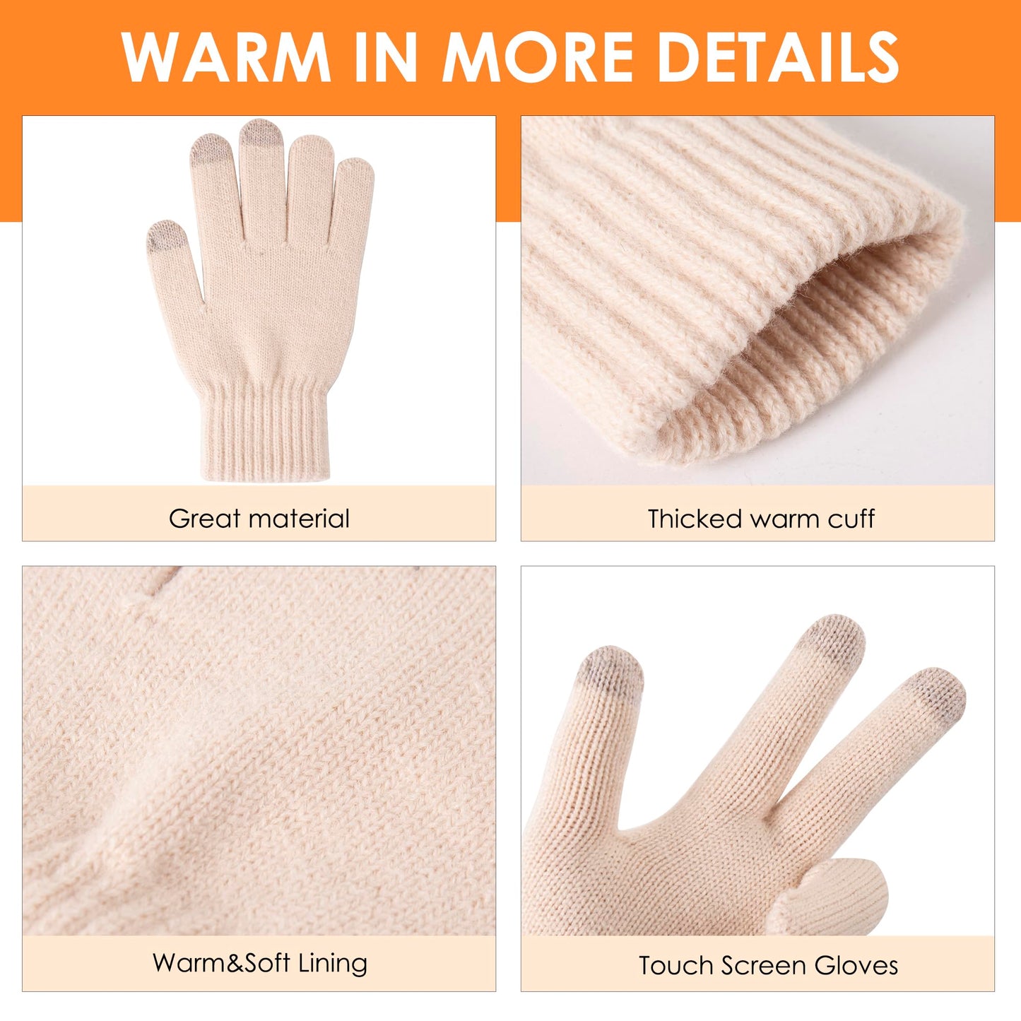 Womens Winter Beanie Warm Knit Hat Long Neck Scarf Touchscreen Gloves Set with Fleece Lined Skull Caps Gifts for Women Men