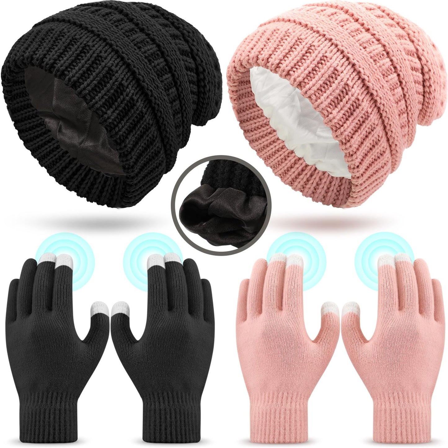 Breathffy 4 Pcs Winter Hat and Gloves for Women, Satin Lined Hats for Women Touchscreen Gloves Slouchy Knit Beanies Set(Black, Pink)