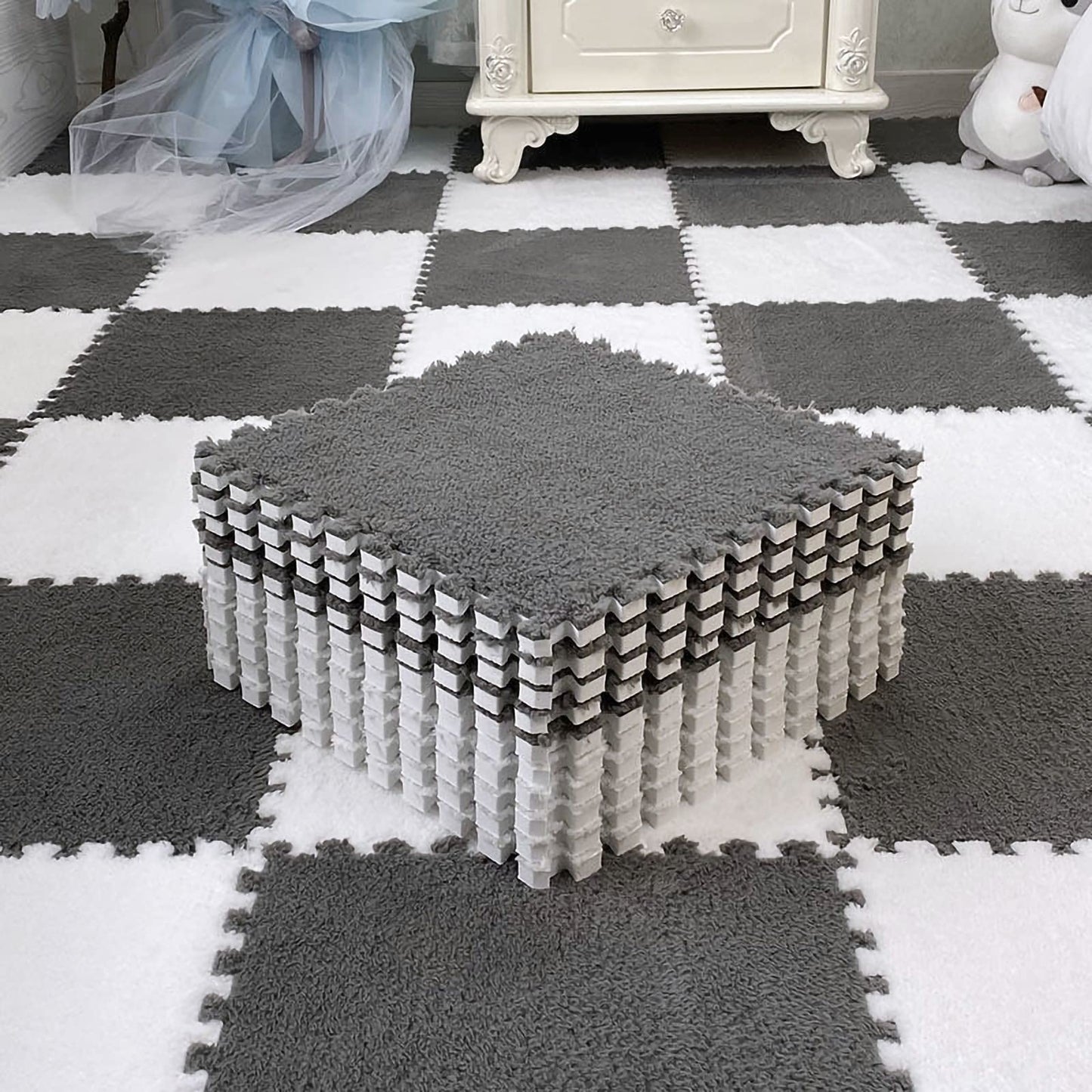 easycustomerlee 12pcs Tiled Puzzle Play Mats Interlocking Shaggy Soft EVA Foam Mats Protective Floor for Children Kids Room Home Parlor Bedroom(Gray)