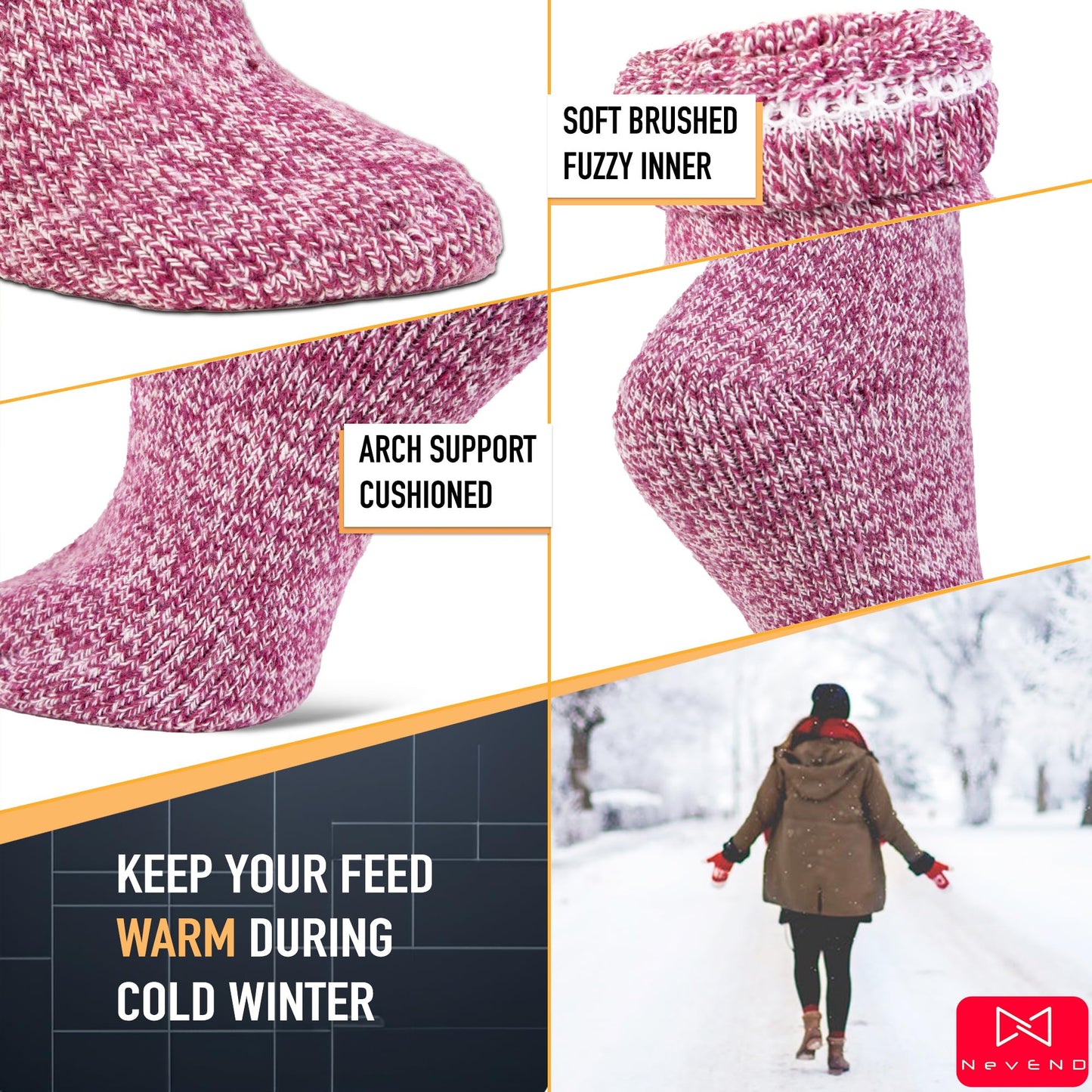 NevEND 6 Pairs Women's Wool Merino Winter Thermal Boot Thick Insulated Heated Mini Crew Socks