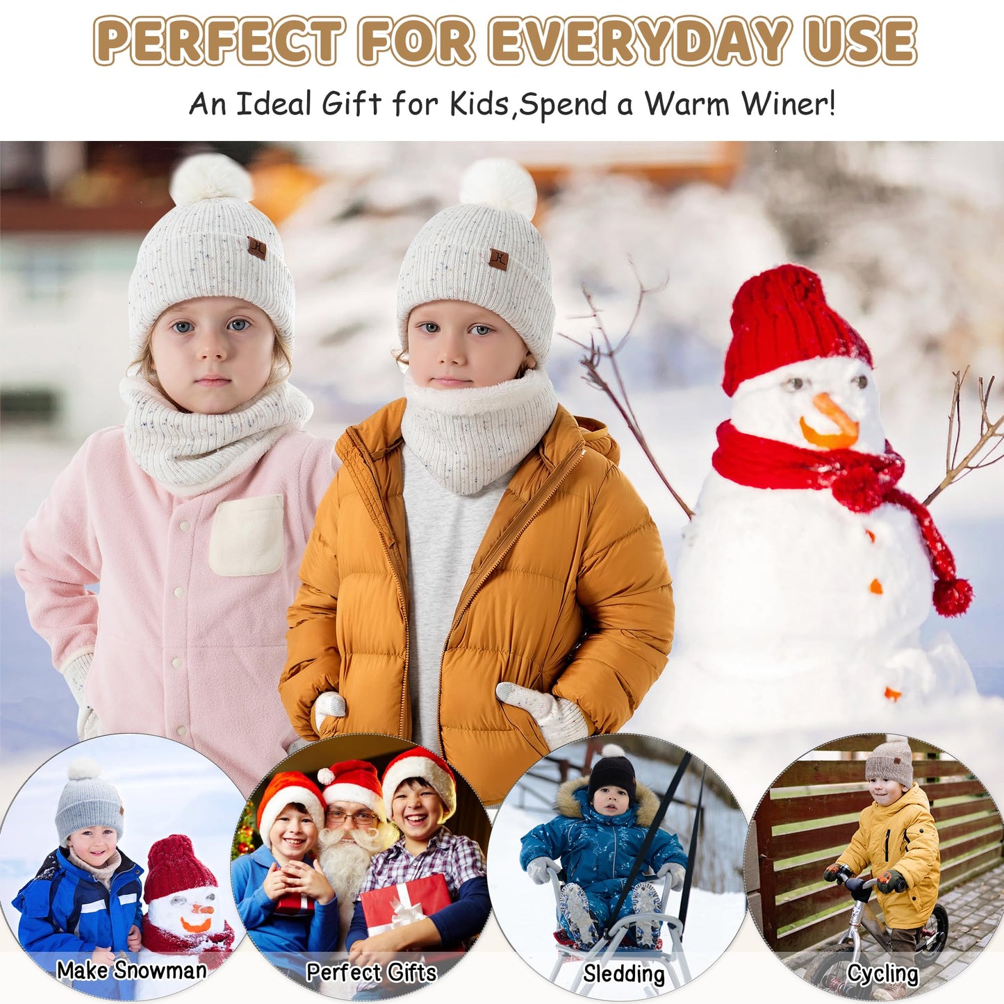 Toddler Kids Winter Hats Touchscreen Gloves Scarfs Set Pompom Beanie Caps Neck Warmer with Fleece for 5-8 Years Old Baby Girls Boys Gifts
