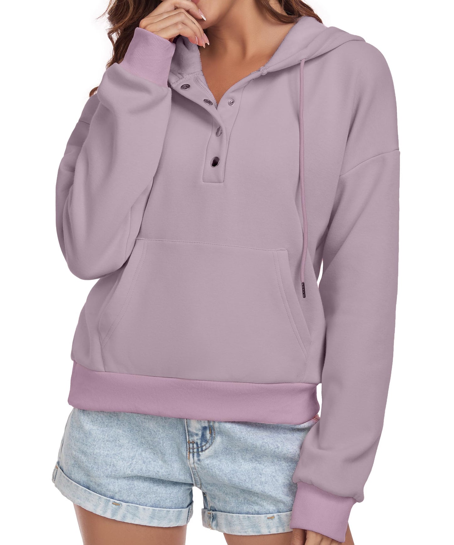 FKEEP Women Hoodies Casual Button Down Sweatshirt Drawstring Long Sleeve Pullover Fall Winter Clothes with Pockets Purple