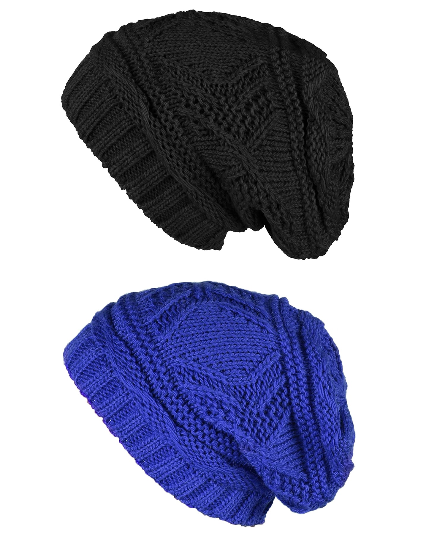 Lilax Knit Slouchy Oversized Soft Warm Winter Beanie Women Hat 2 Pack Black-Royal Blue