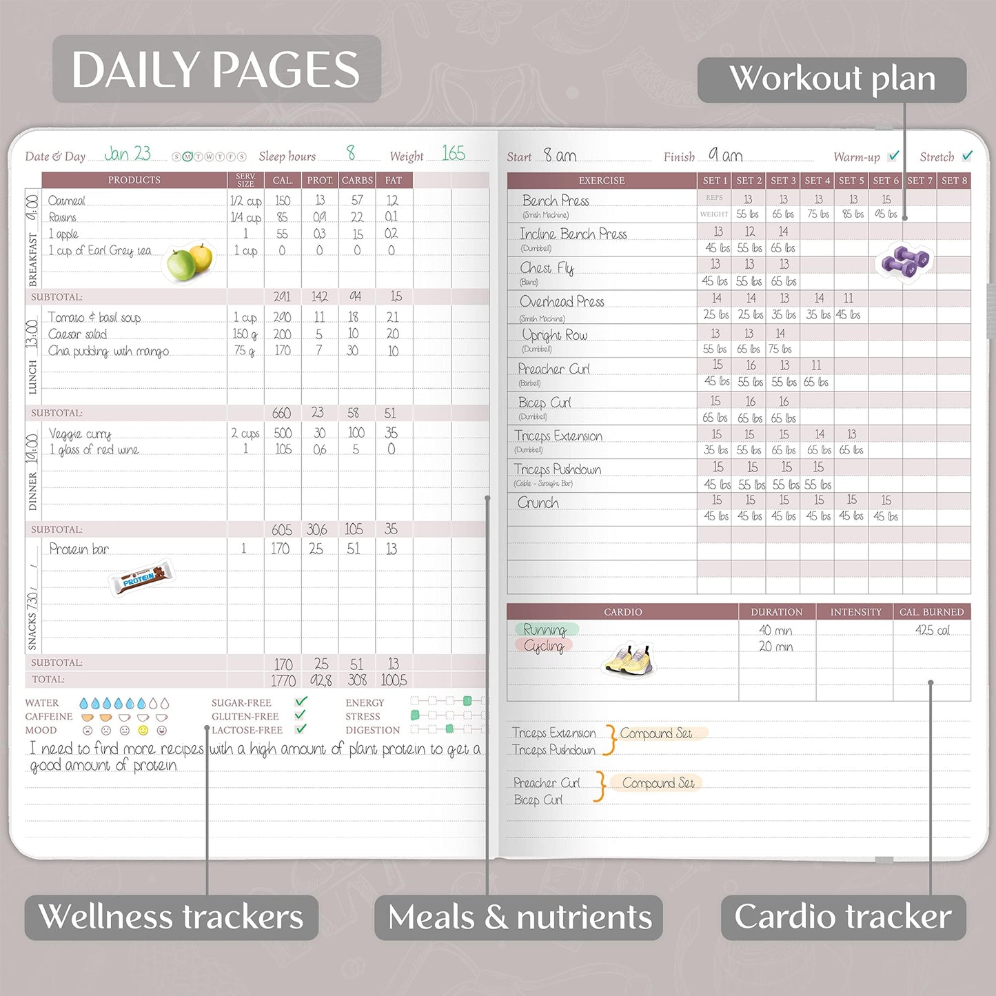 Legend Fitness & Food Journal – Nutrition & Workout Planner with Exercise Calendar & Nutrient Tracker – Gym Training & Diet Log Book for Women & Men – Lasts 3 Months, 7.5”x10” (White)