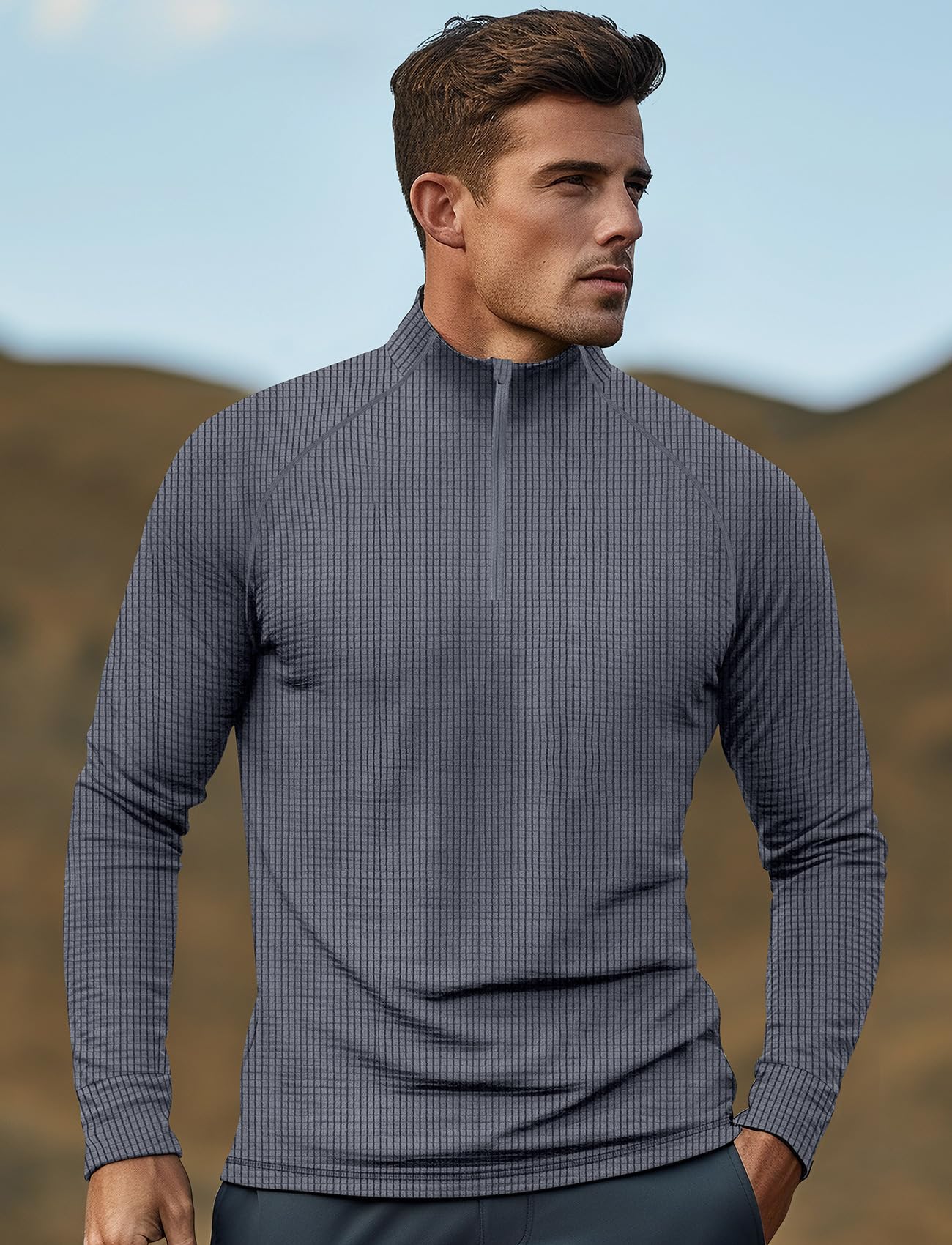 Quarter Zip Men Athletic Long Sleeve Shirt(Grey,L)