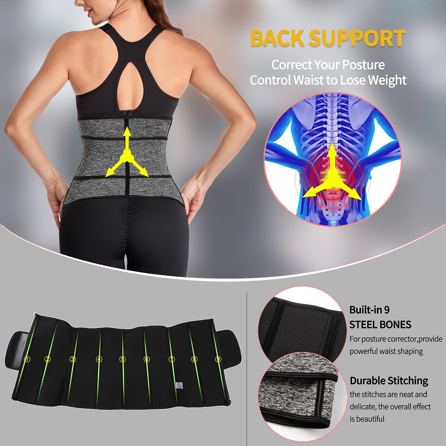 KIWI RATA 2 in 1 Neoprene Sauna Waist Trainer Corset Sweat Belt for Women Tummy Control Bands Compression Workout Fitness Trimmer,#1 Zipper Grey,Small