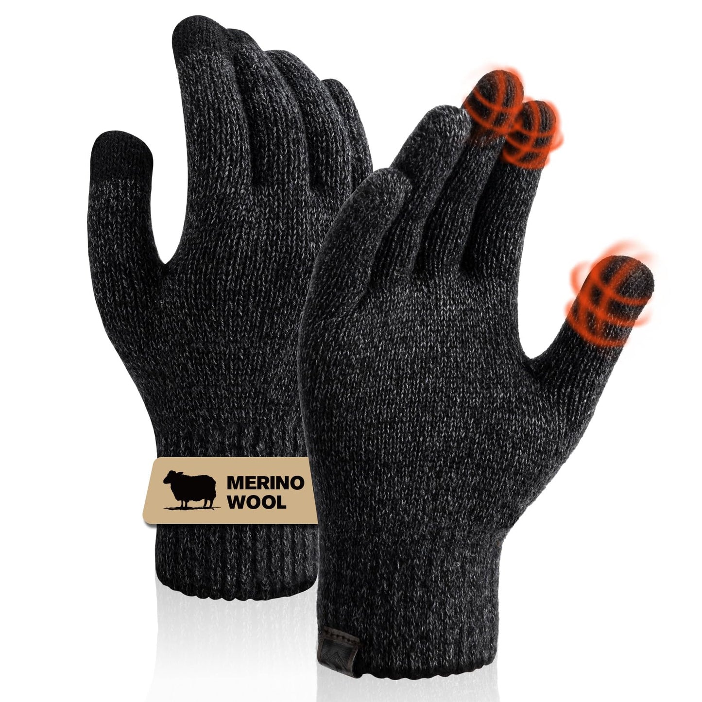 SONORAN Merino Wool Gloves for Men & Women, Touch Screen Liner Gloves Base Layer Warm Gloves with Thermal Soft Knit Lining Glove for Driving Running Hiking S/M (Black Gray)