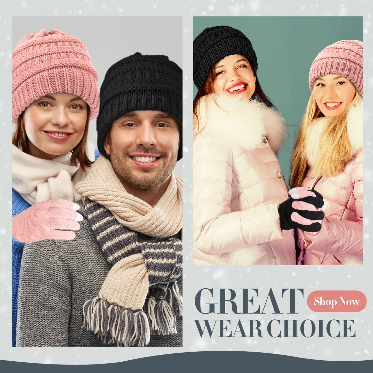 Breathffy 4 Pcs Winter Hat and Gloves for Women, Satin Lined Hats for Women Touchscreen Gloves Slouchy Knit Beanies Set(Black, Pink)