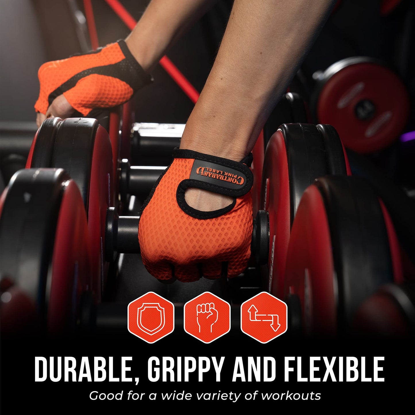 Contraband Pink Label 5307 Womens Designer Workout Gloves | Low Sweat Diamond Mesh Fabric w/Grip-Lock⢠Silicone Palm (Orange, X-Small)
