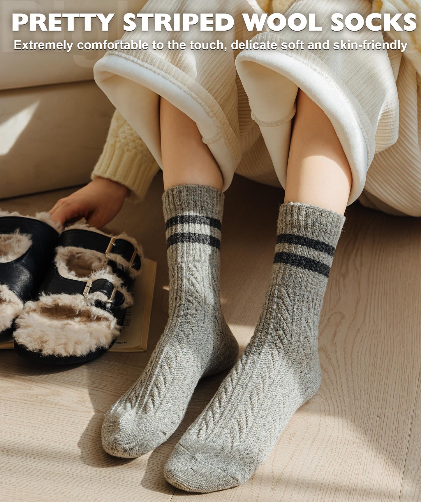IIG 5 Pairs Women's Vintage Style Thick Wool Warm Winter Crew Socks (Cozy striped 03-5 Pairs)