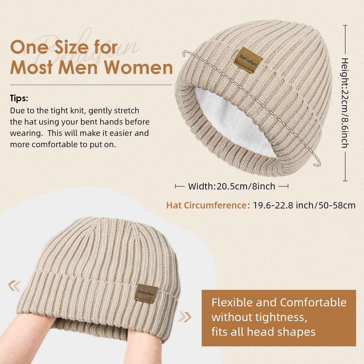 Behufun Beanies Hats Men 3 Pack, Unisex Beanie for Men Women, Warm Soft Polar Fleece Lining Thick Knit Cuff Winter Hat