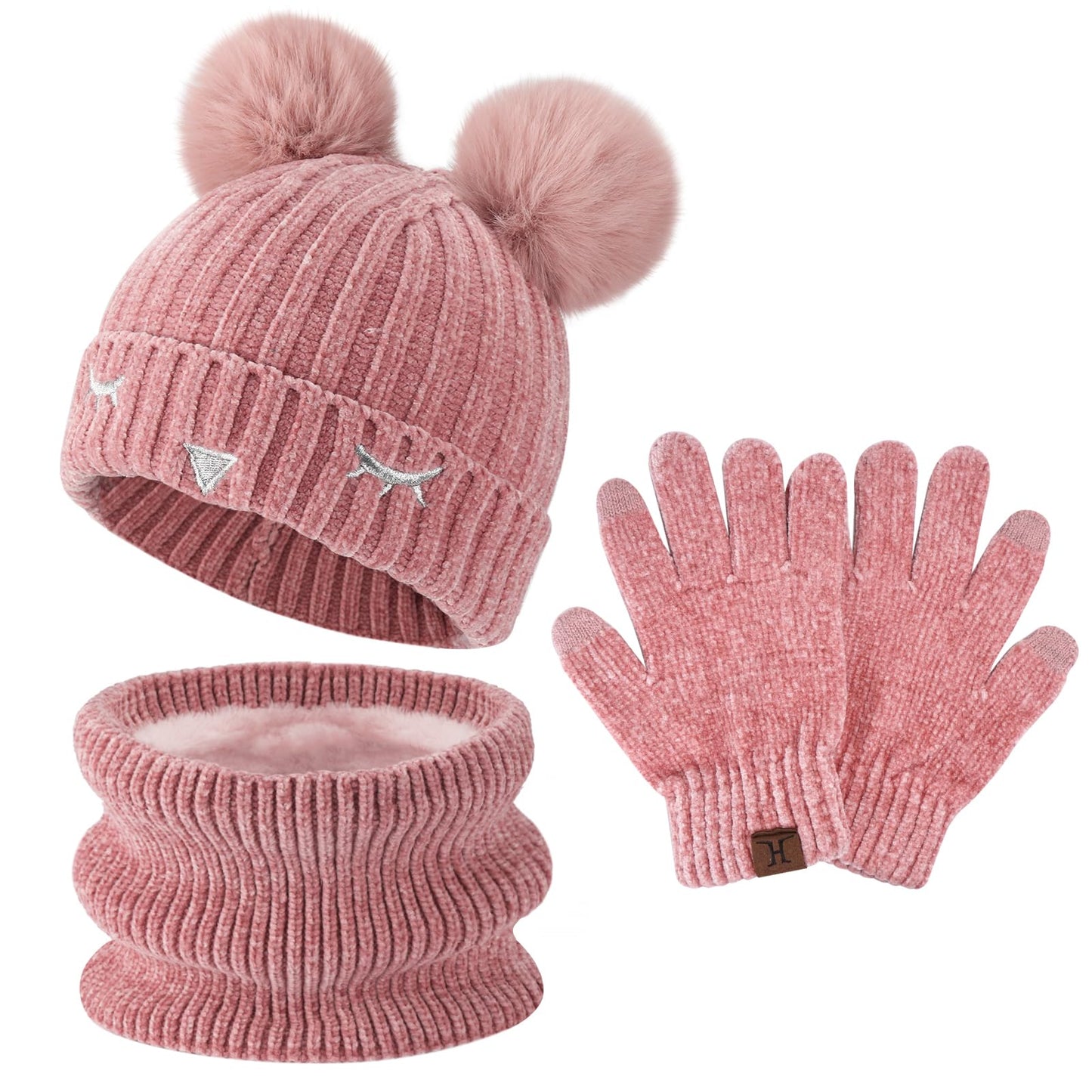 Toddler Boys Girls Winter Warm Knit Beanie Hat Neck Scarf Touchscreen Gloves with Fleece Lined Cap for 3-10 Year Kid Gifts