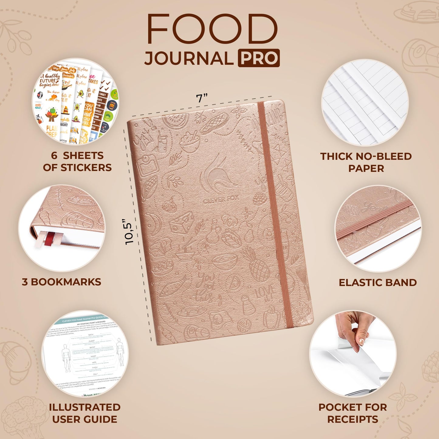 Clever Fox Food Journal Pro – Diet & Wellness Planner for Women & Men – Weight Loss Diary with Calorie Tracker – Food Log for Tracking Meals, Exercise & Weightloss - Undated, 7" x 10" Rose Gold