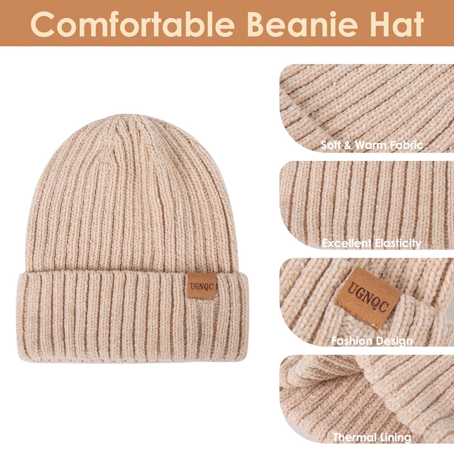 Beanie Hat for Womens Scarf Gloves Set, Fleece Lined Long Knit Scarf Touchscreen Gloves Winter Cap for Cold Weather Black