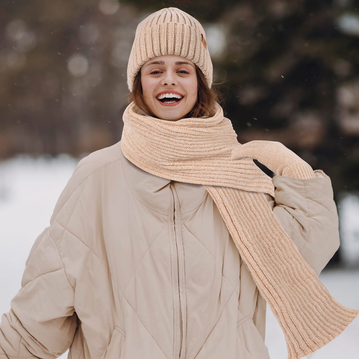 Beanie Hat for Womens Scarf Gloves Set, Fleece Lined Long Knit Scarf Touchscreen Gloves Winter Cap for Cold Weather Black