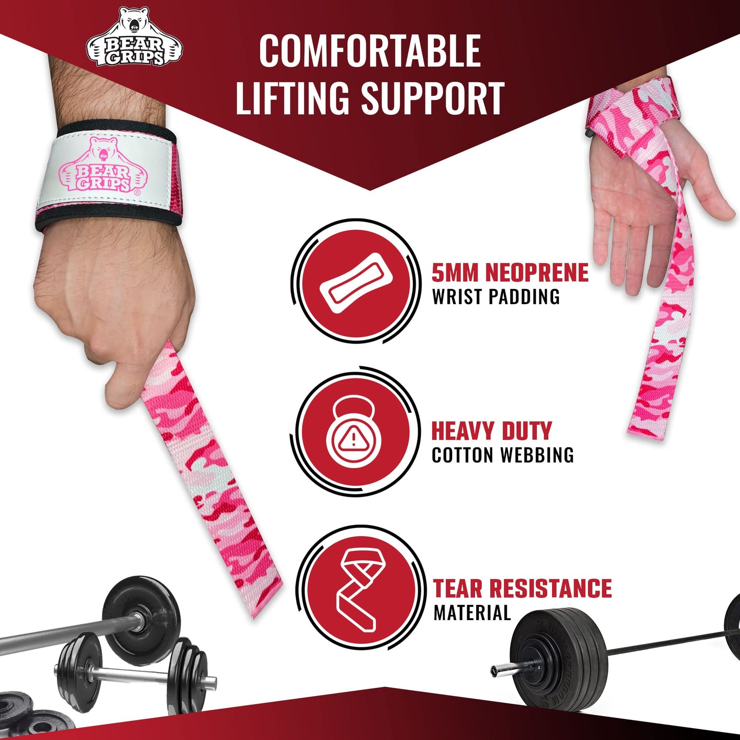 Bear Grips Lifting Straps Gym, Wrist Straps for Weightlifting, Gym Straps, Weightlifting Straps, Deadlift Straps, Weight Lifting Straps for Men, Weight Straps Lifting Women, 2 Lifting Strap Pink Swirl