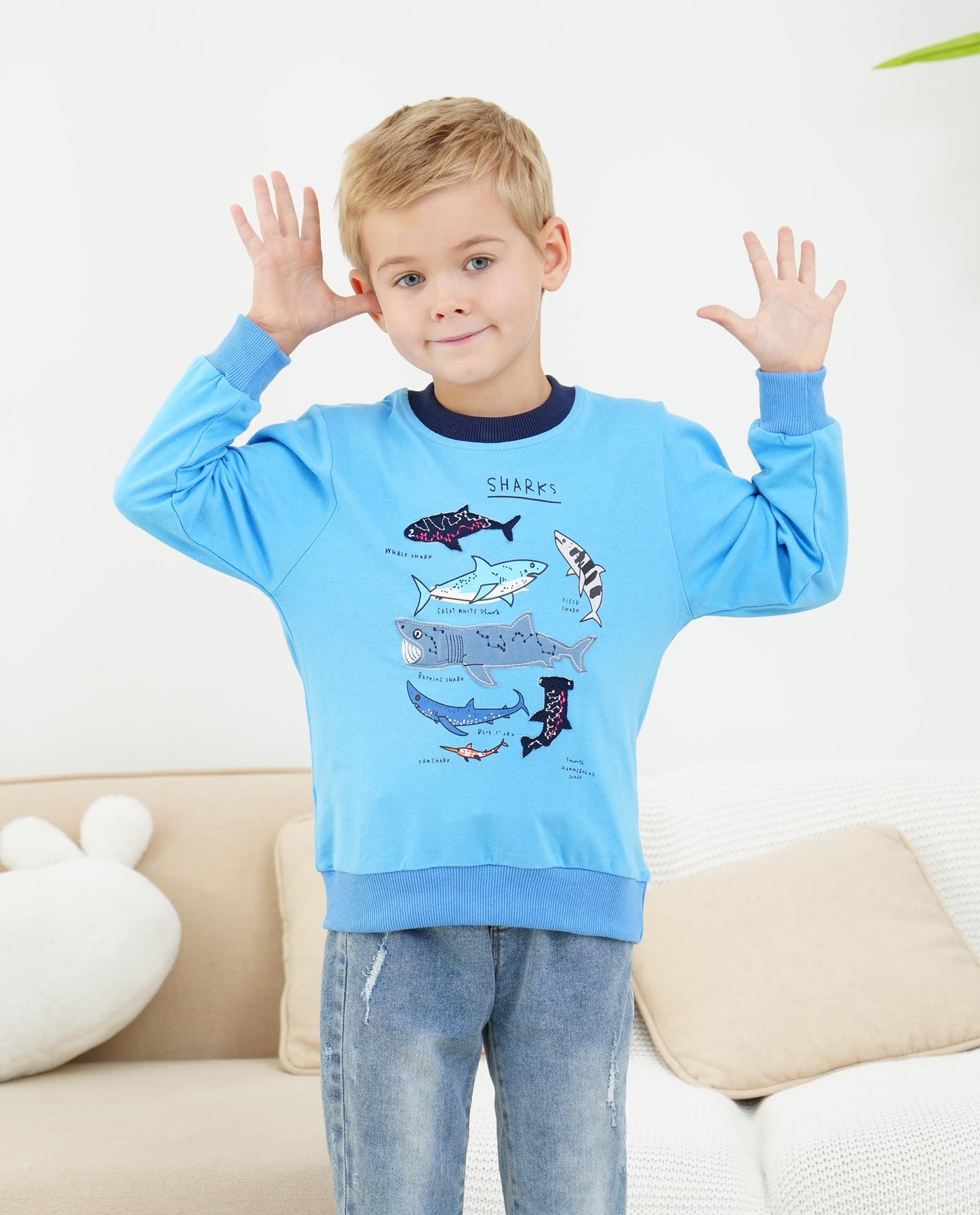 Shark Sweatshirt Boys Long Sleeve Shirts Crewneck Pullover Sweatshirts Toddler Animal Outfit Blue Tops Kids Fall Winter Sweater 6t