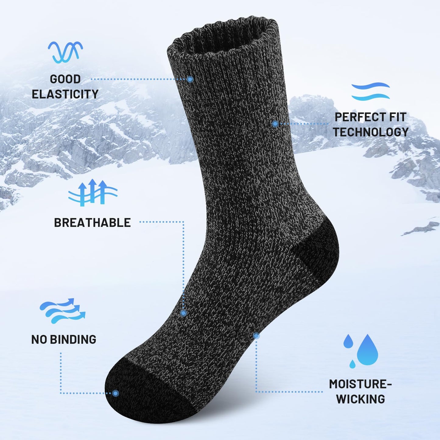 SIMIYA 5 Pairs Merino Wool Socks Mens, Super Thick Mens Hiking Socks Thermal Wool Socks for Cold Weather