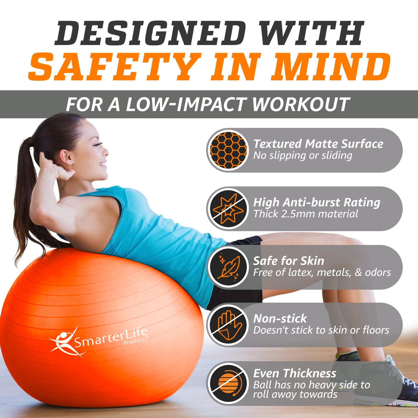 SmarterLife Workout Exercise Ball for Fitness, Yoga, Balance, Stability, or Birthing, Great as Yoga Ball Chair for Office or Exercise Gym Equipment for Home, Non-Slip Design (45 cm, Orange)