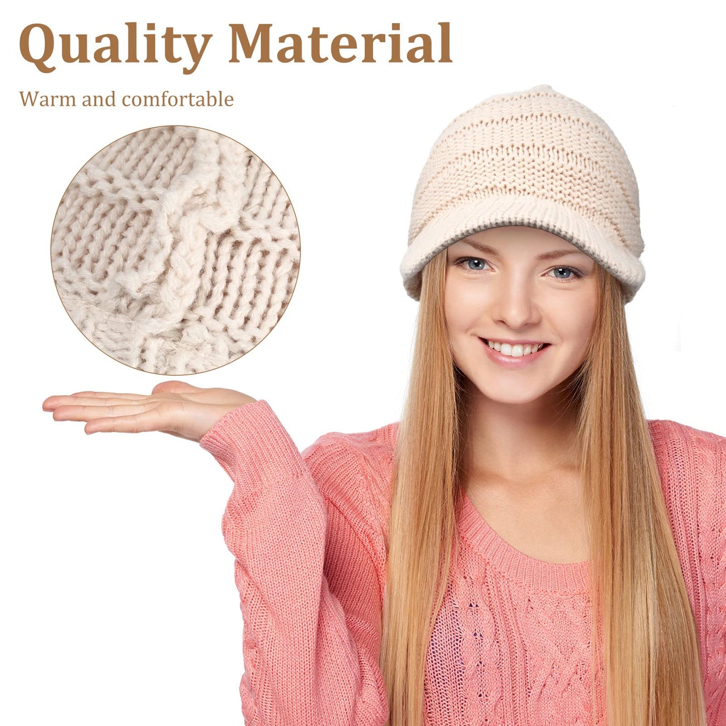 SATINIOR Women Knit Hat Winter Brim Beanie Hats for Women Slouchy Beanie Cap with Visor Warm Newsboy Skull Cap (Navy, Beige, Wine Red, 3)