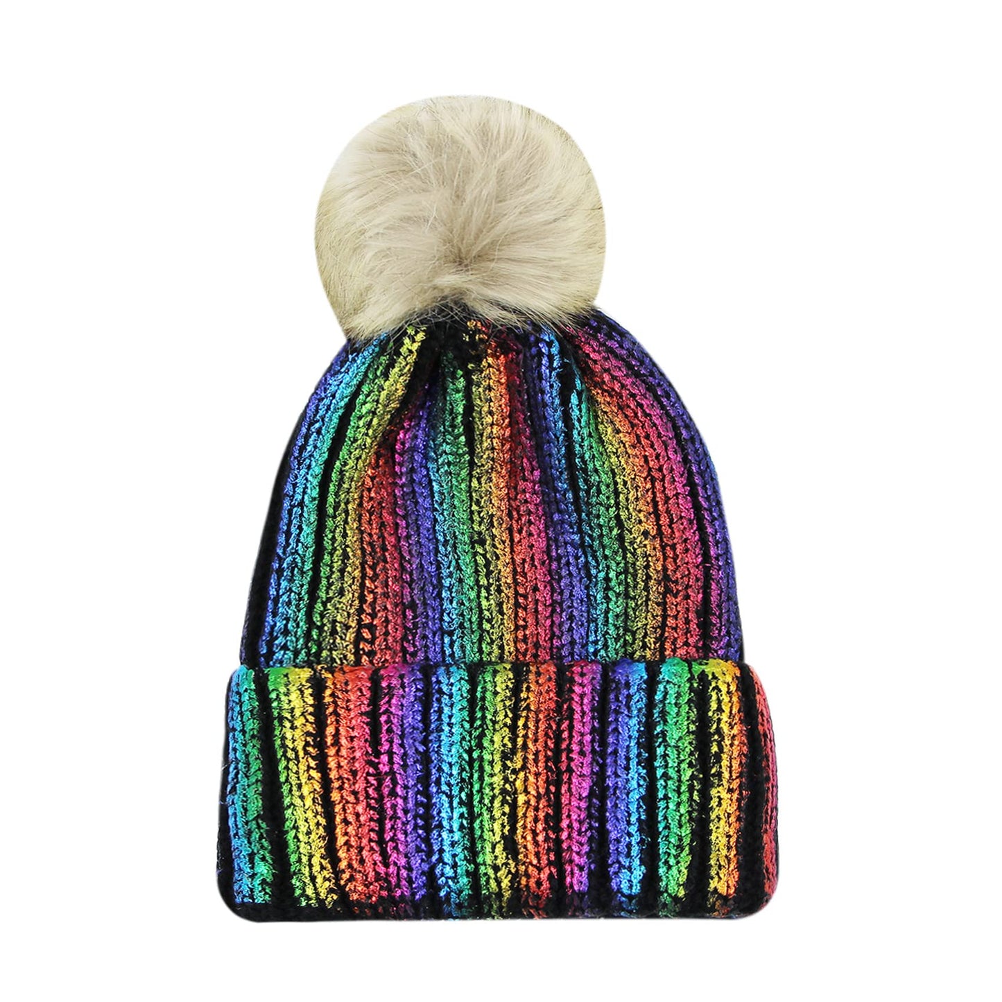 JUMISEE Women Girls Shiny Metallic Knit Beanie Hat Slouchy Winter Skull Cap with Faux Fur Pompom