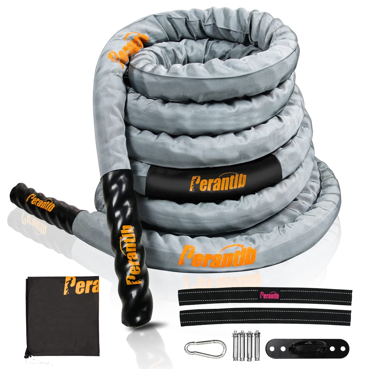 Perantlb Battle Rope with cloth sleeve -1.5/2 Inch Diameter 30' 40' 50' Lengths -Gym Muscle Toning Metabolic Workout Fitness, battle rope Anchor Strap Kit Included (1.5" x 40 ft Length)