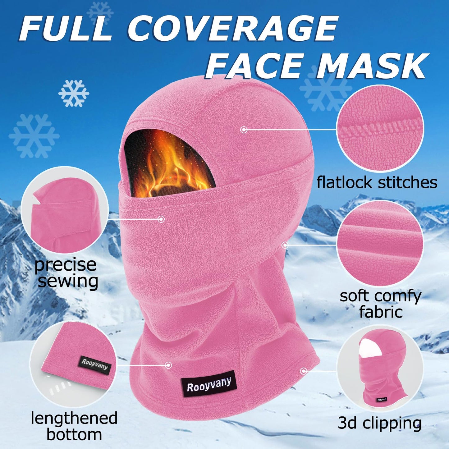 rooyvany 2 Pack Fleece Balaclava Ski Mask for Men&Women,Warm/Soft/Windproof/Lightweight Winter Face Mask for Skiing/Snowboarding/Cycling (Rosered/Pink)