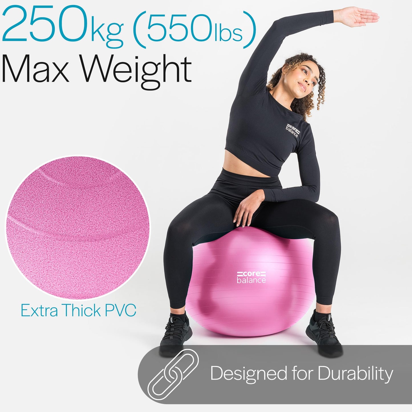 Core Balance Exercise Ball for Workouts, Anti-Burst and Slip Resistant, Swiss Yoga Ball for Pregnancy, Stability, Fitness and Physical Therapy, 4 Sizes, with Pump (25" / 65cm Pink)