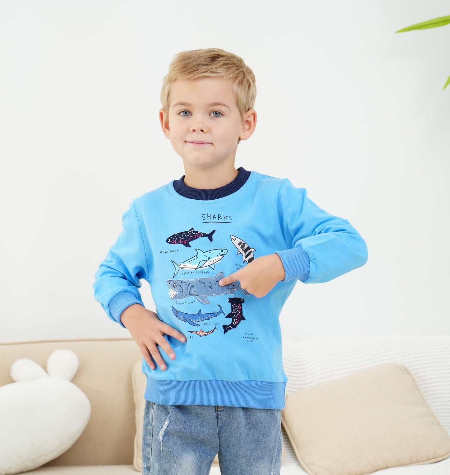 Shark Sweatshirt Boys Long Sleeve Shirts Crewneck Pullover Sweatshirts Toddler Animal Outfit Blue Tops Kids Fall Winter Sweater 6t