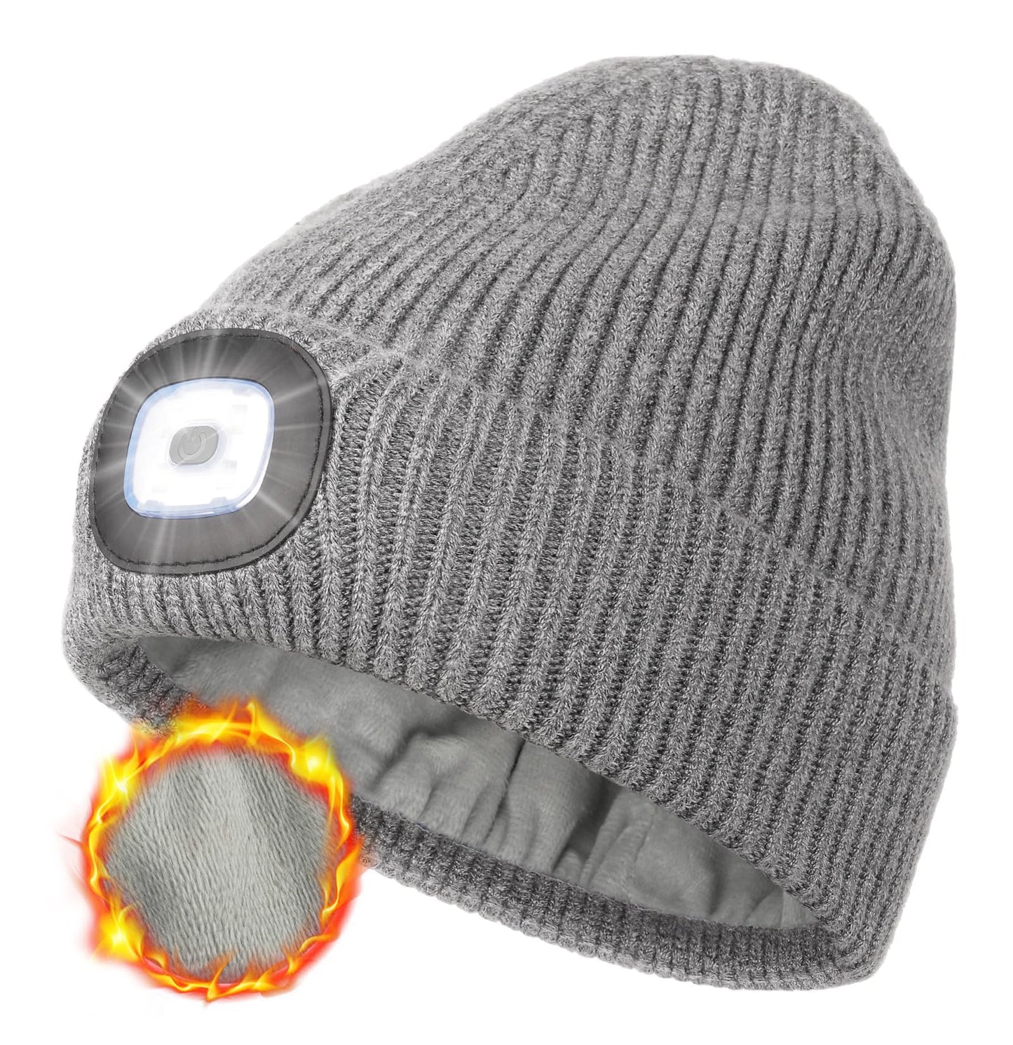 MELASA Fleece Lined LED Beanie with The Light for Men Women, Warm Stocking Hat with Light Built in, USB Rechargeable Hand Free Headlamp Beanie, Gifts for Dad Husband(Grey)