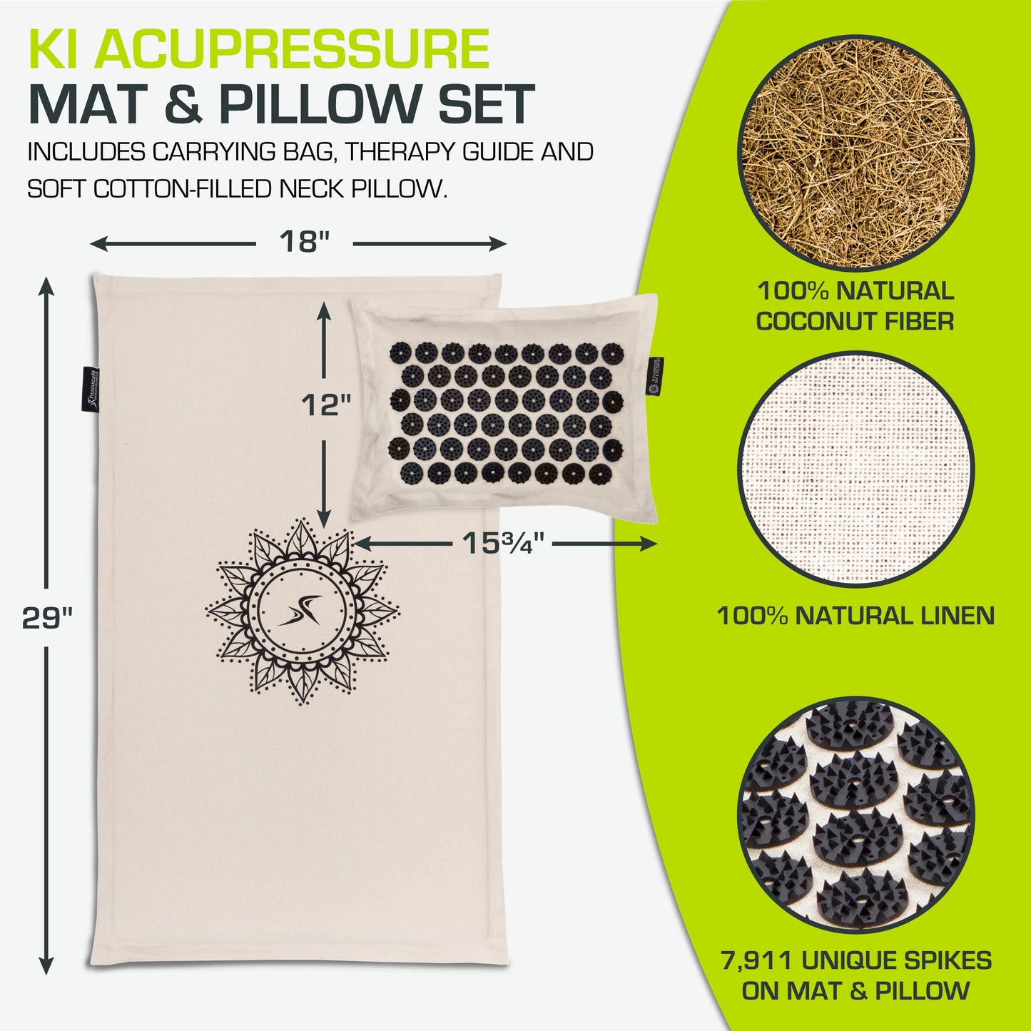 ProsourceFit Ki Acupressure Mat and Pillow Set with 100% Natural Linen for Back/Neck Pain Relief and Muscle Relaxation, Onyx Gold