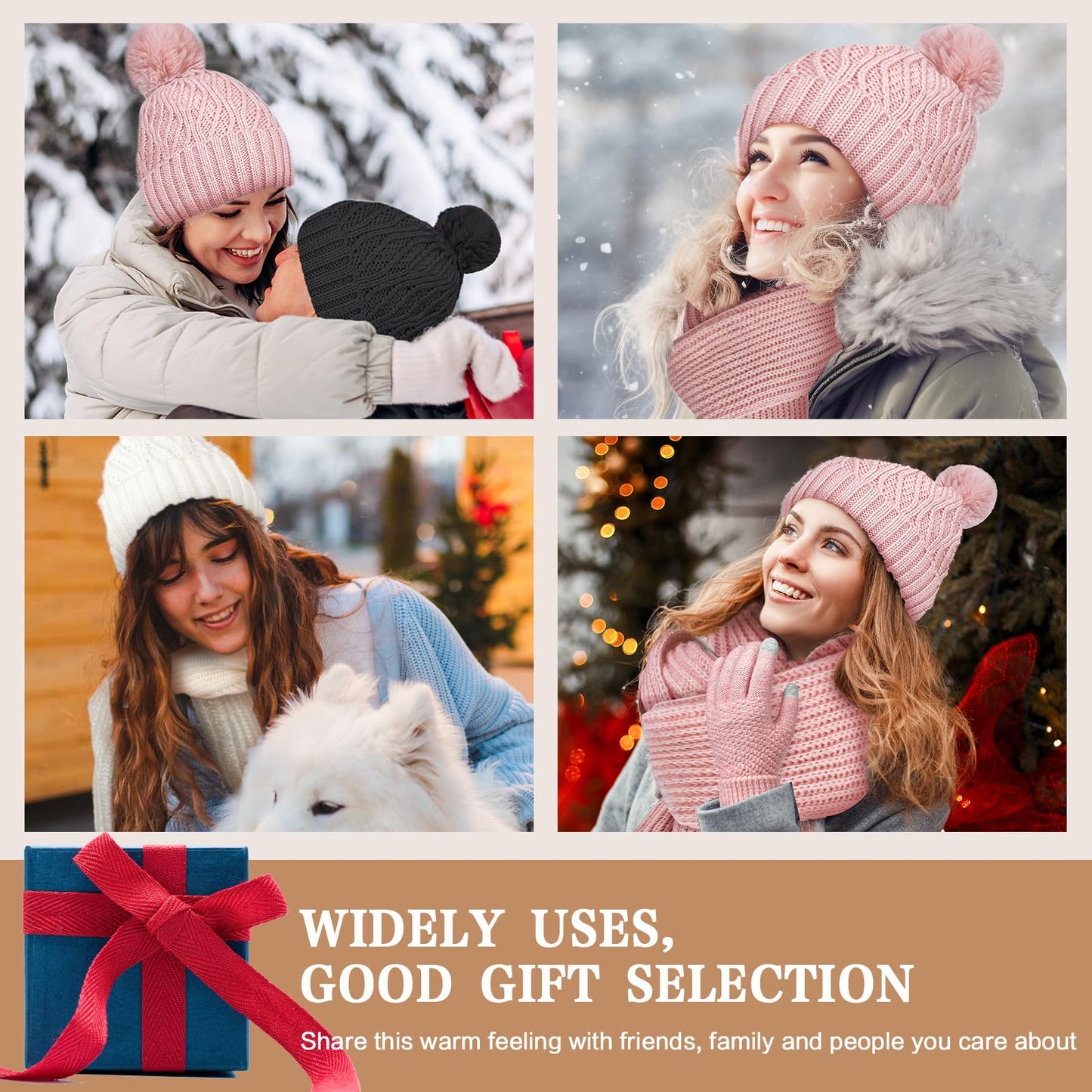 Pibupibu Grey Winter Knit Beanie Hat Scarf Gloves Set for Women, Fleece Lined Chunky Beanie Hats with Pom Pom Neck Warm Scarf Touchscreen Gloves 3 in 1 Set