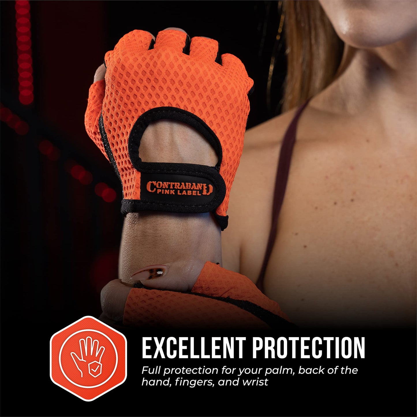Contraband Pink Label 5307 Womens Designer Workout Gloves | Low Sweat Diamond Mesh Fabric w/Grip-Lock⢠Silicone Palm (Orange, X-Small)