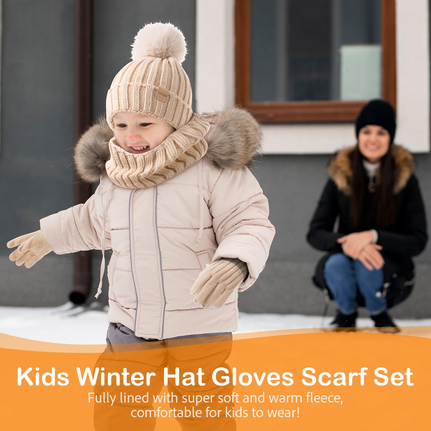 Children Winter Beanie Hat Scart Gloves Set, Kids Fleece Lined Knitted Woollen Pompom Hat for Boys Girls Toddler 3-9 Years