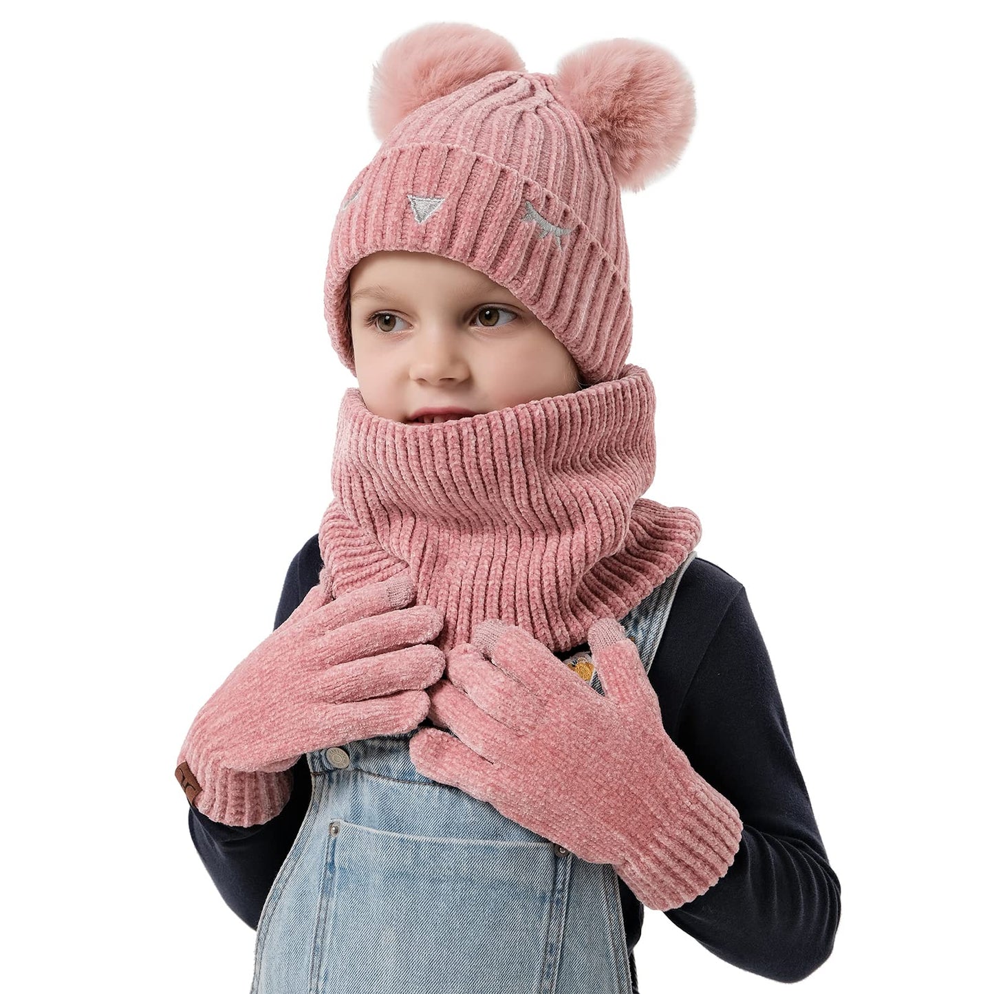 Toddler Boys Girls Winter Warm Knit Beanie Hat Neck Scarf Touchscreen Gloves with Fleece Lined Cap for 3-10 Year Kid Gifts