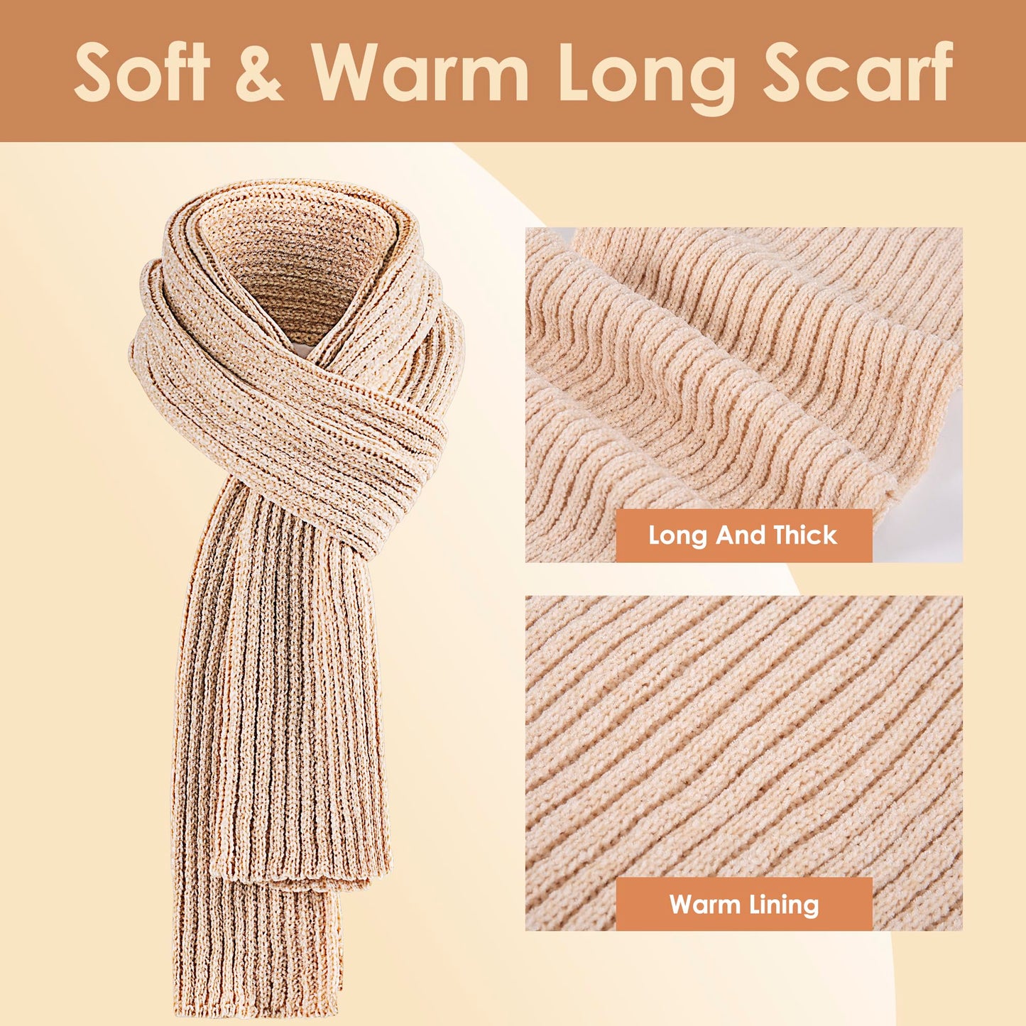 Beanie Hat for Womens Scarf Gloves Set, Fleece Lined Long Knit Scarf Touchscreen Gloves Winter Cap for Cold Weather Black