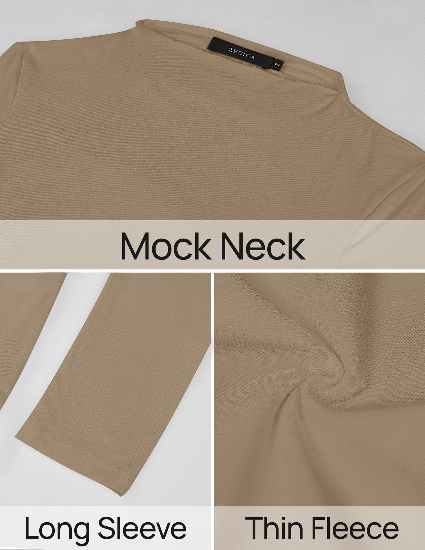 ZESICA Women's Fleece Sherpa Lined Shirts Winter Thermal Casual Slim Fit Long Sleeve Mock Neck Pullover Tops,Khaki,Medium