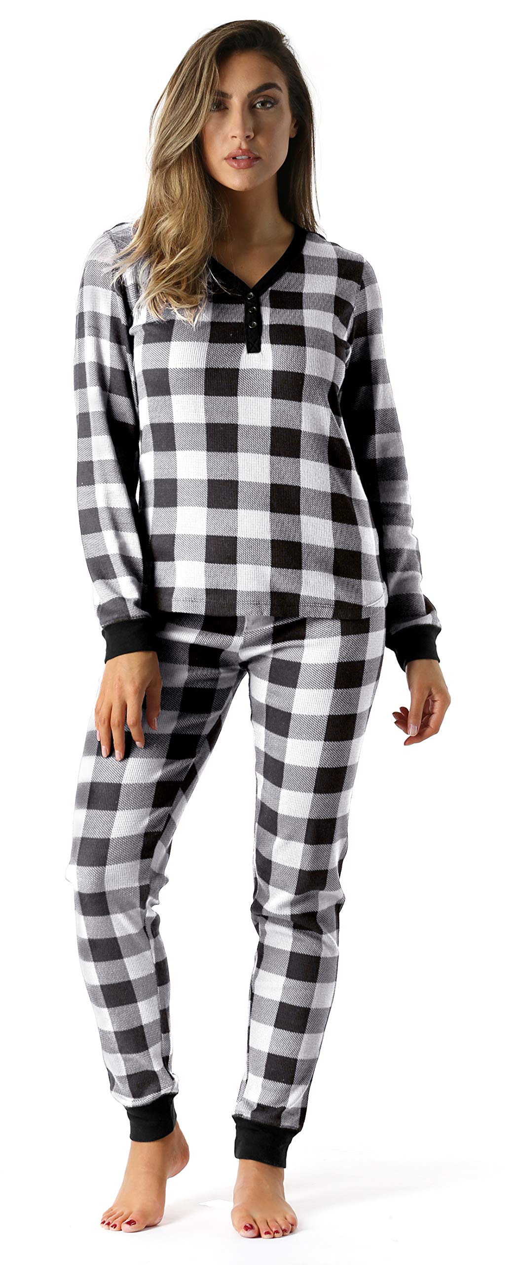 #followme Buffalo Plaid 2 Piece Base Layer Thermal Underwear Set for Women 6372-10195-NEW-WHT-S