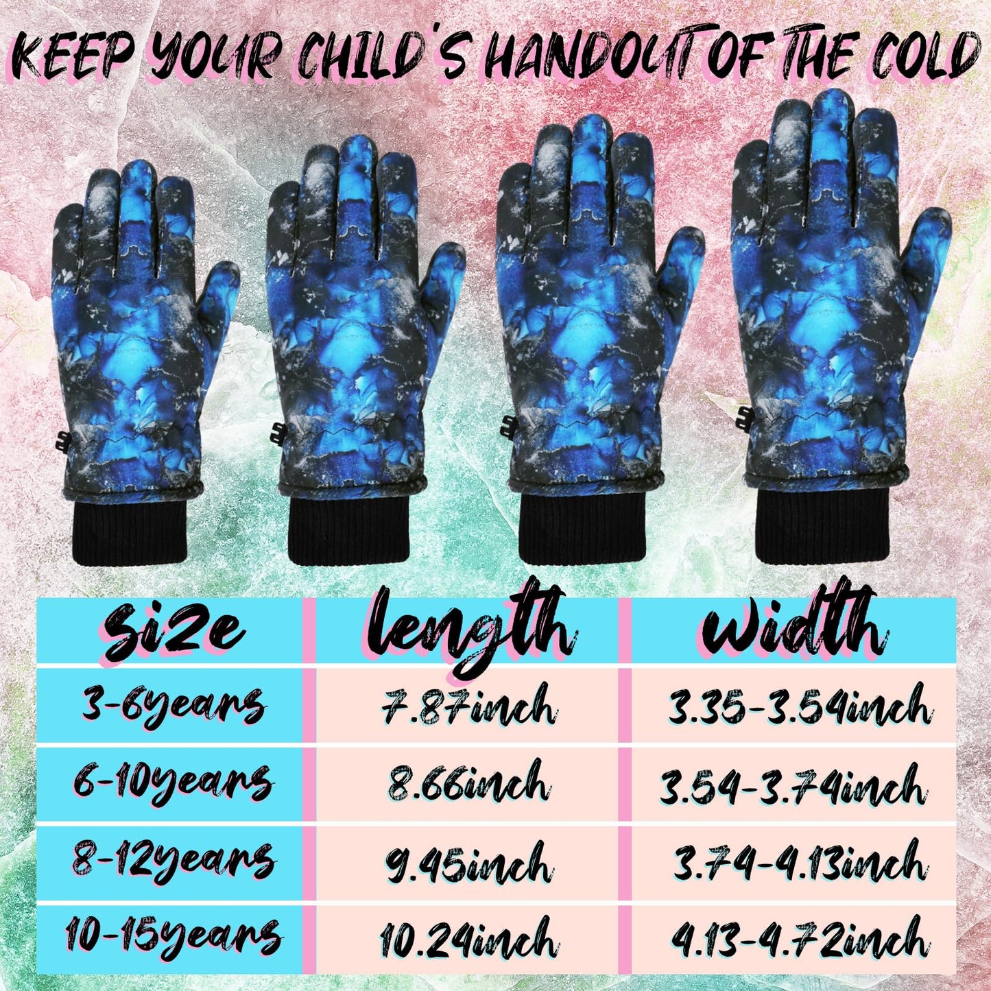 Bencailor 3 Pairs Kids Winter Gloves Waterproof Snow Ski Gloves Warm Outdoor Windproof Adjustable Gloves for Cold Weather (Black Gold, Blue Black, Red,8-12 Years)