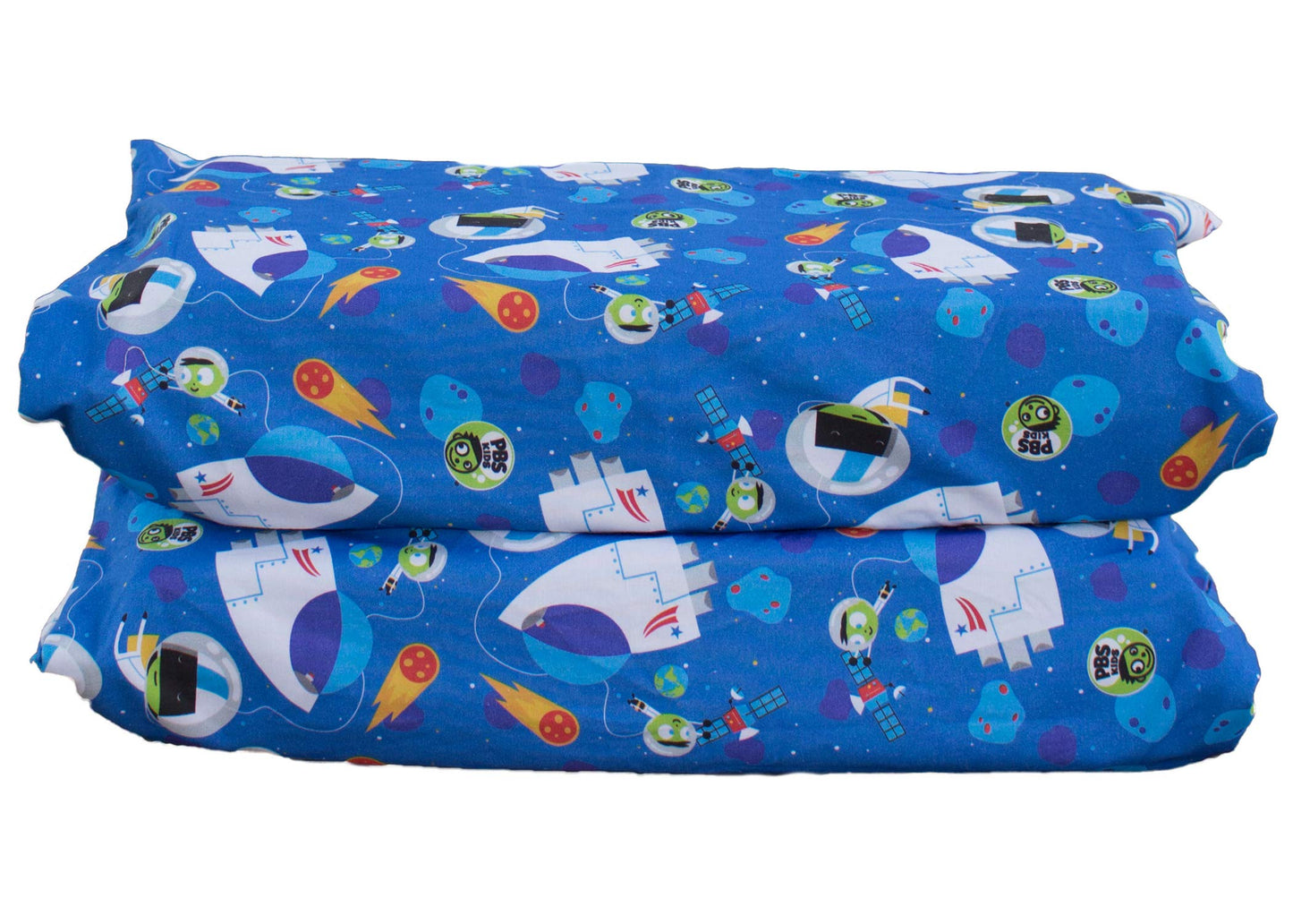 KinderMat 1.5" Thick + PBS Kids Kinderbundle - Washable Cover, Special Edition - Space Explorer - Regular, Sheet is 47" x 22", Value Bundle Great for Daycare & Family Households