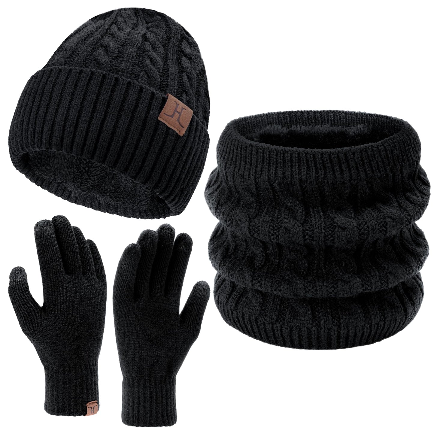 Mens Womens Winter Beanie Hats Touchscreen Gloves Neck Scarf Warmer Set Knit Skull Cap with Fleece Lined Gifts for Men Women Black
