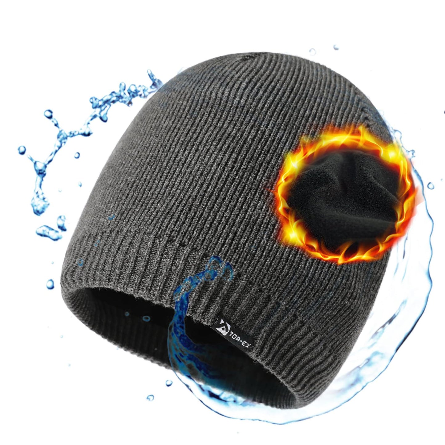 XL Men's Women's Oversize Winter Grey Wool Beanie Waterproof Fleece Lined Knit Cap Hat All-Weather Warm Rain X-Large Extra Large Big Head