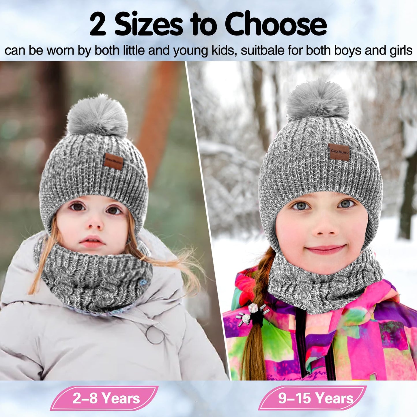 3 Pcs Kids Winter Hat Gloves Scarf Set, Toddler Knitted Beanie Hat Neck Warmer Mittens Fleece Lined Set for Boys and Girls (Grey Mix, 2-8 Years)