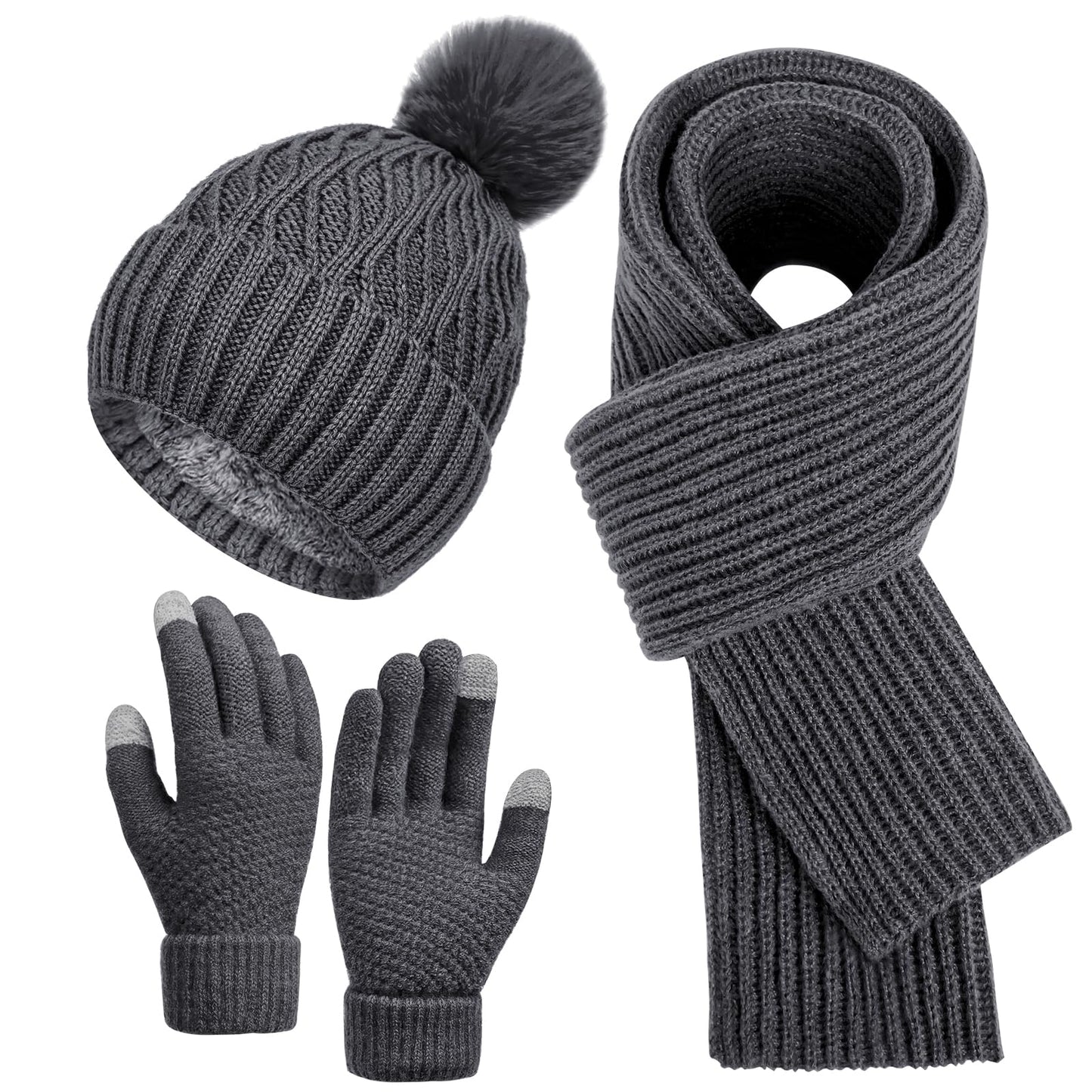 Pibupibu Grey Winter Knit Beanie Hat Scarf Gloves Set for Women, Fleece Lined Chunky Beanie Hats with Pom Pom Neck Warm Scarf Touchscreen Gloves 3 in 1 Set