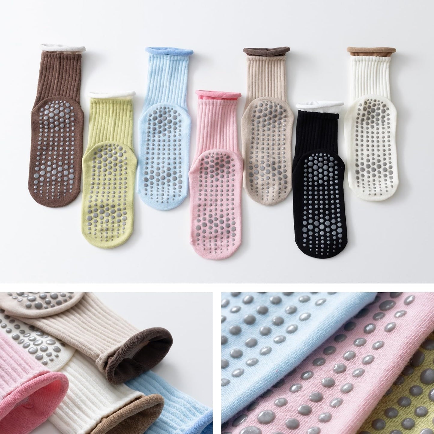Yoga Pilates Socks with Grips for Women Non Slip Colorful Cushioned Crew Socks for Barre Ballet Dance (Dark Coffee)