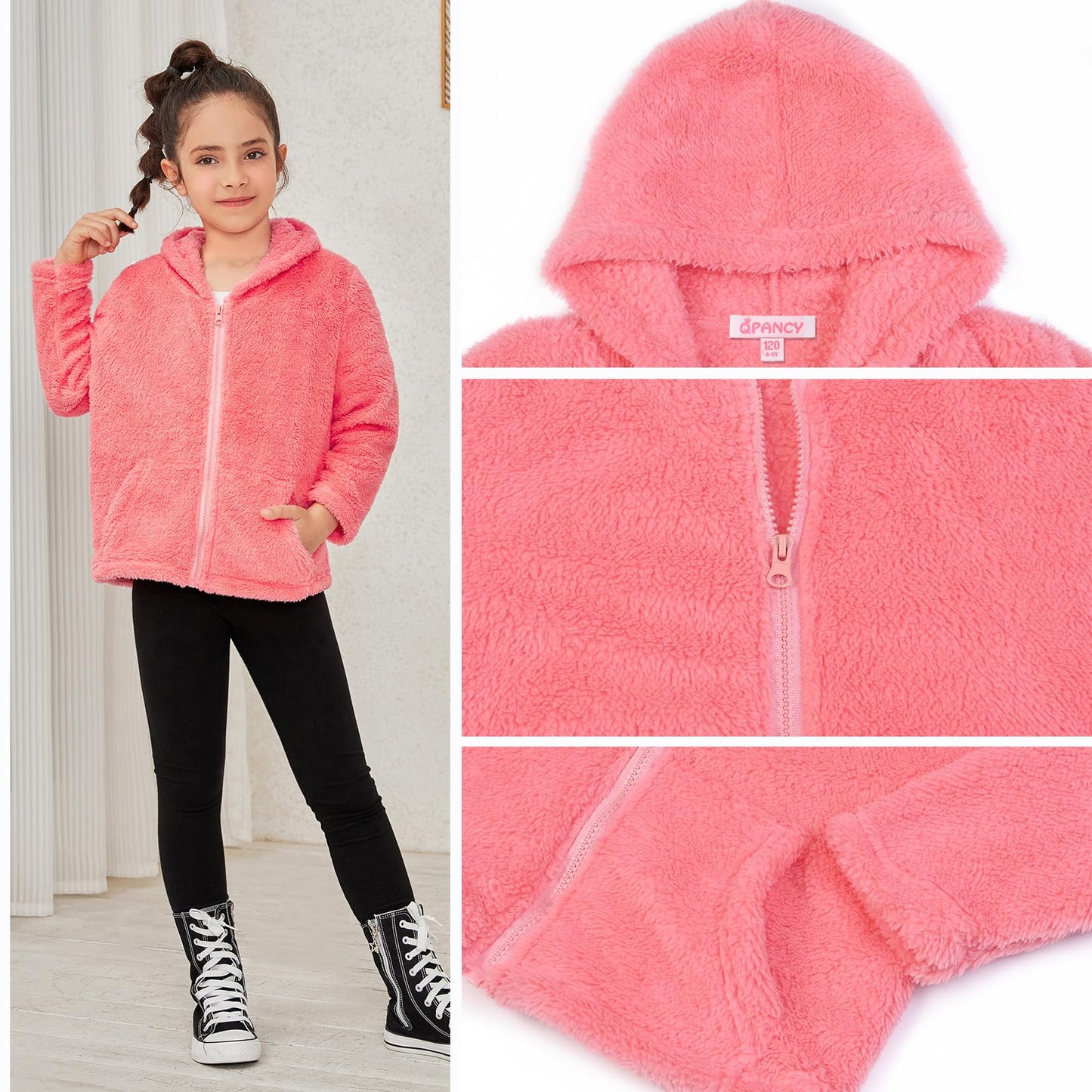 QPANCY Teen Girls Red Fuzzy Sherpa Coat Kids Solid Warm Polar Fleece Jacket Fall Winter Outwear,Size 12 13