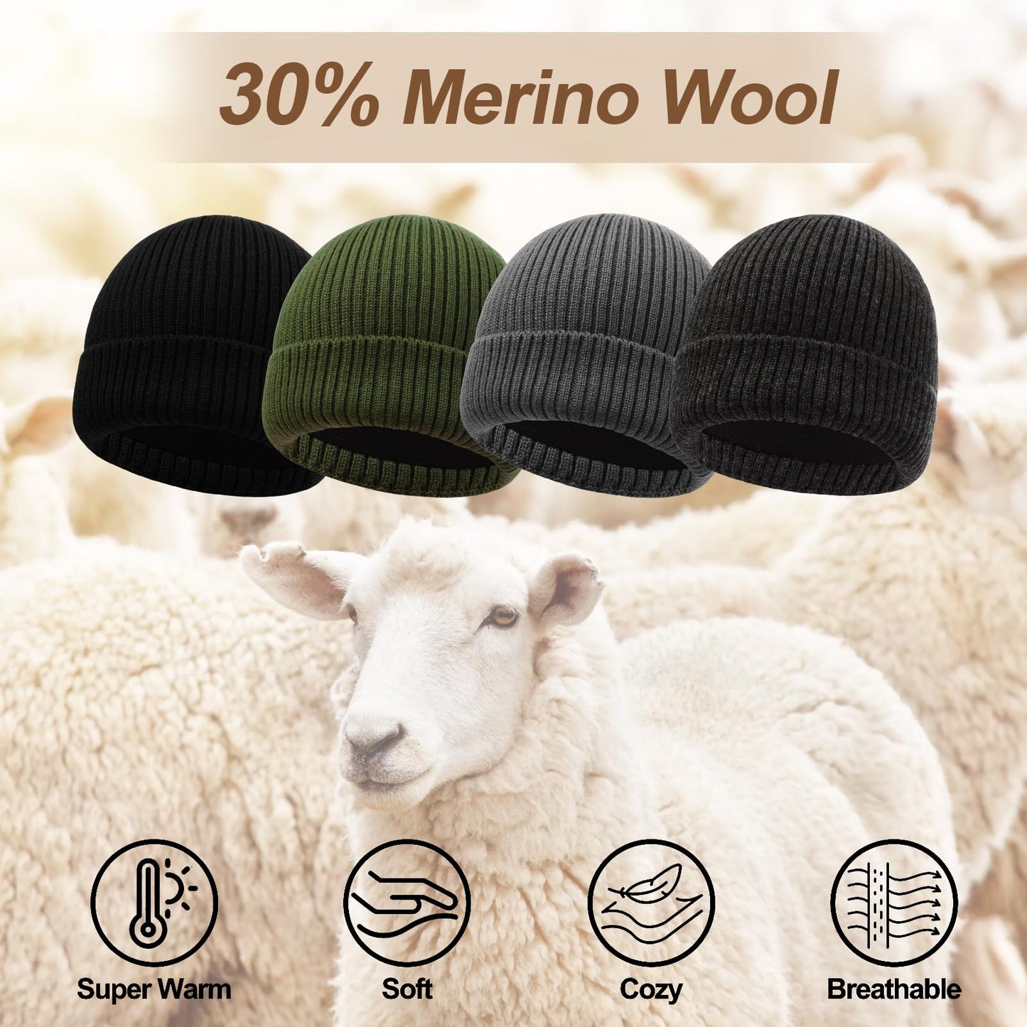 Oversize XL XXL Waterproof Merino Wool Beanie for Men Women Big Head, Warm Fleece Lined Large Winter Hat, Plus Size Big Knit Skull Stocking Cap, Rainproof Windproof Cuffed Beanie for All Weather Black