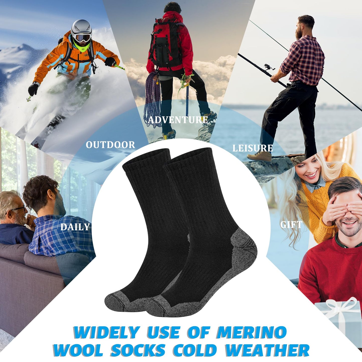 4 Pairs Mens Merino Wool Socks, Breathable Hiking Outdoor Warm Winter Socks for Men Cold Weather Mottled Black+Grey (4 pairs)