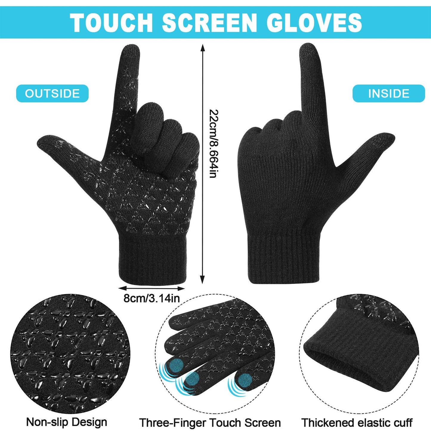 Winter Beanie hat Scarf Gloves Men Women Warm Knit Set Sock Thermal Soft Plush Lining Cold Weather Skiing Snowboarding (Black, Dark Gray)