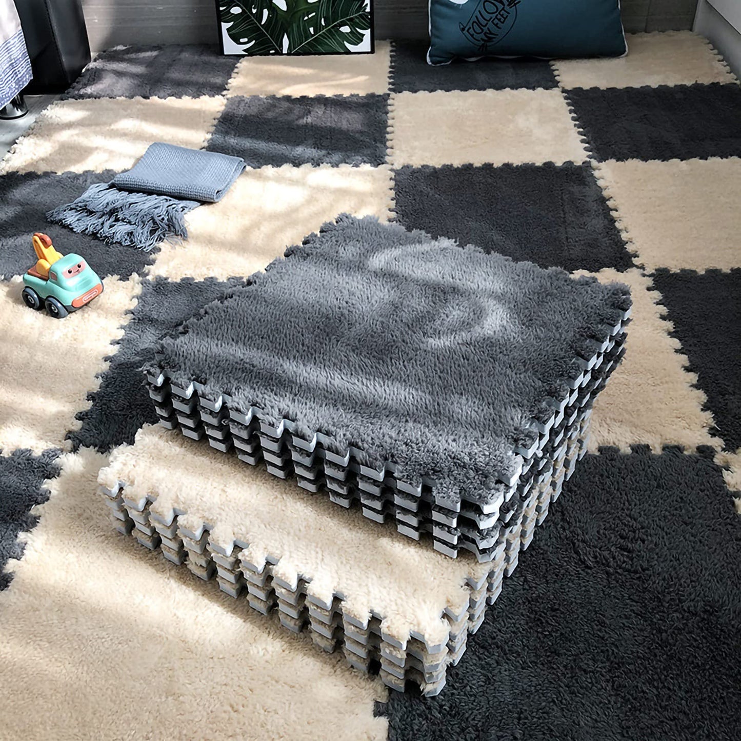 easycustomerlee 12pcs Tiled Puzzle Play Mats Interlocking Shaggy Soft EVA Foam Mats Protective Floor for Children Kids Room Home Parlor Bedroom(Gray)